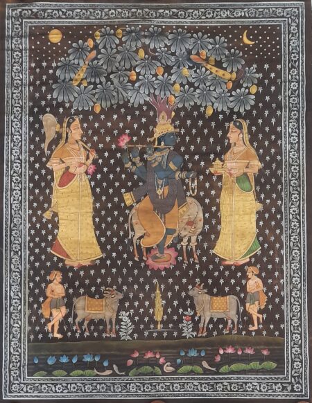 LORD KRISHNA PLAYING FLUTE WITH GOPIS ANTIQUE PICHWAI PAINTING