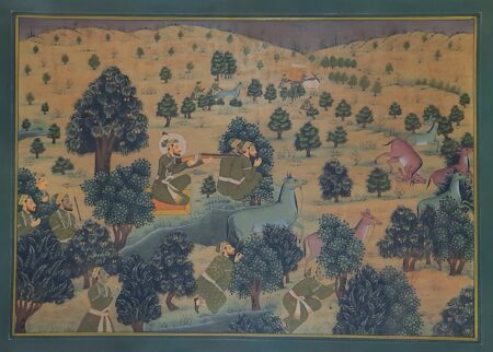 INDIAN MINIATURE PAINTING MAHARAJA HUNTING SCENE IN FOREST