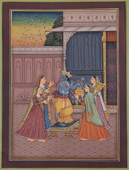 INDIAN MINIATURE PAINTING OF LORD KRISHNA PLAYING FLUTE WITH GOPIS