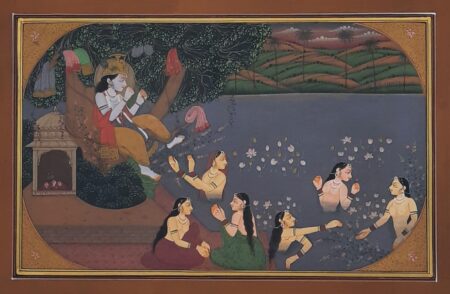 INDIAN MINIATURE PAINTING OF LORD KRISHNA WITH GOPIS