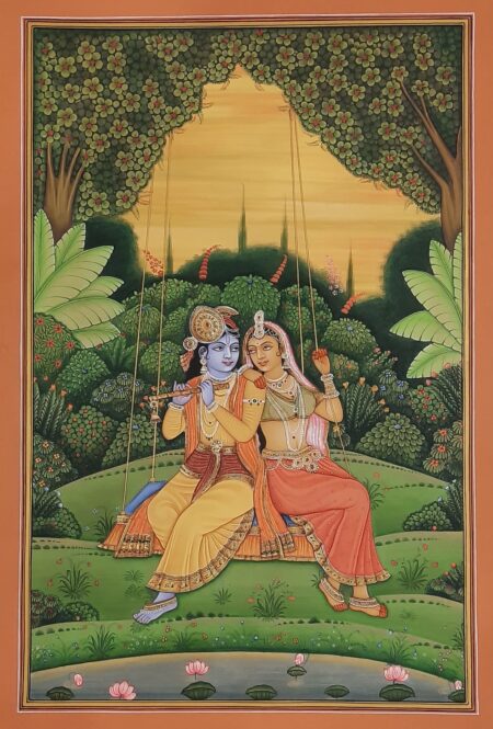 INDIAN MINIATURE PAINTING OF RADHA KRISHNA ON SWING